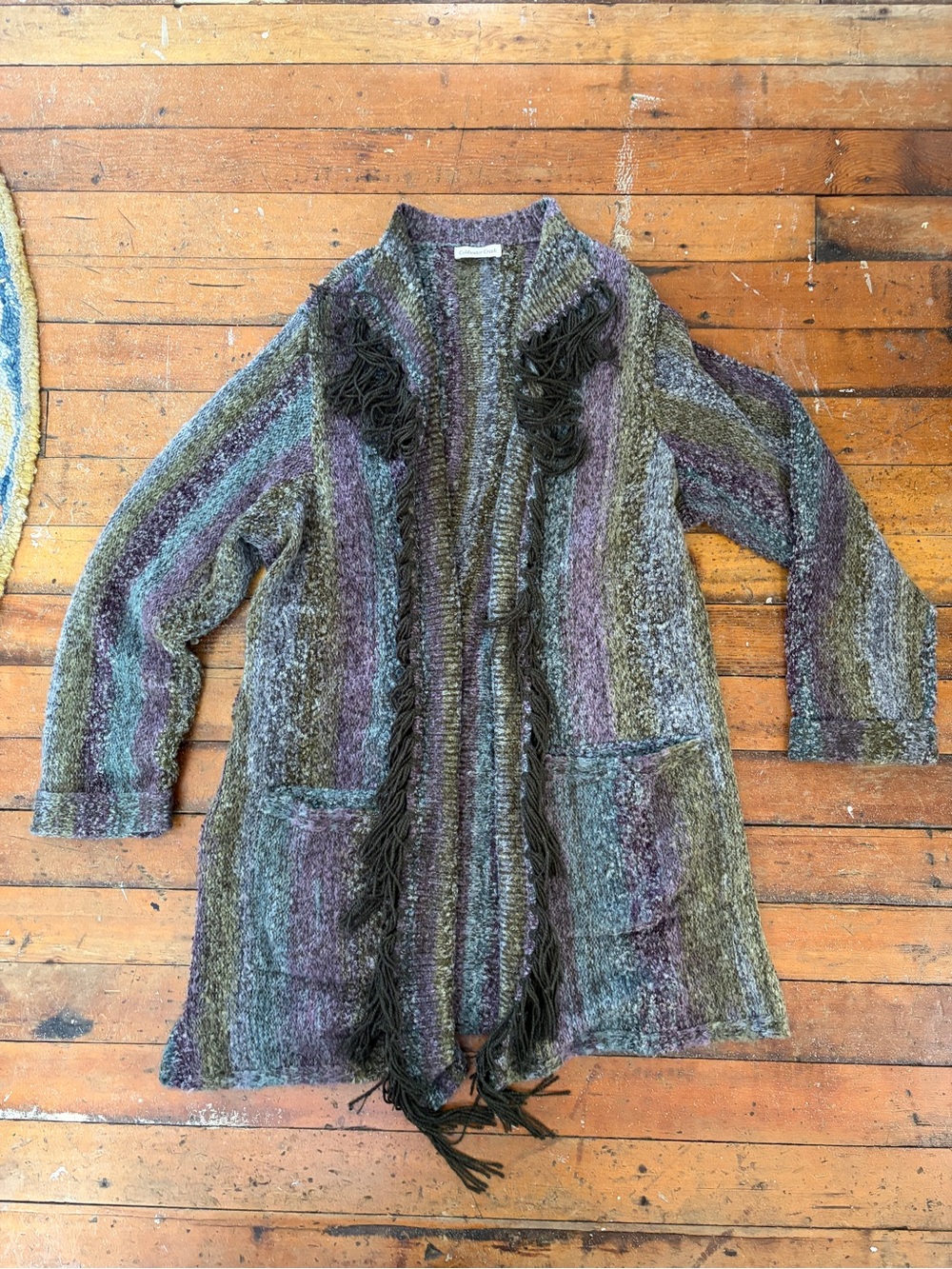 Vintage duster cardigan afghan blanket knit fringe sweater coat size L